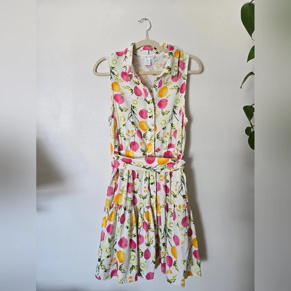 Cynthia Rowley Linen Blend Dress 8 Sleeveless Button Front Fruit Print Belted - Picture 3 of 11